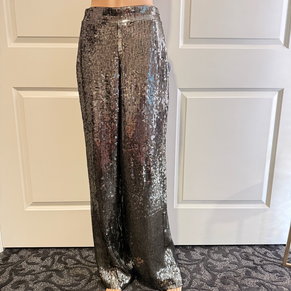 Alice + Olivia Sequin Pants Wide Leg Gold Black - Picture 7 of 11